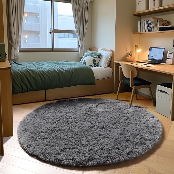 ONASAR Grey Round Rugs 8ft for Living Room, Fluffy Bedroom Circle Area Rug, Soft Plush Shaggy Carpet for Kids Girls Boys Teen Nursery Dorm Classroom Playroom Home Decor Aesthetic