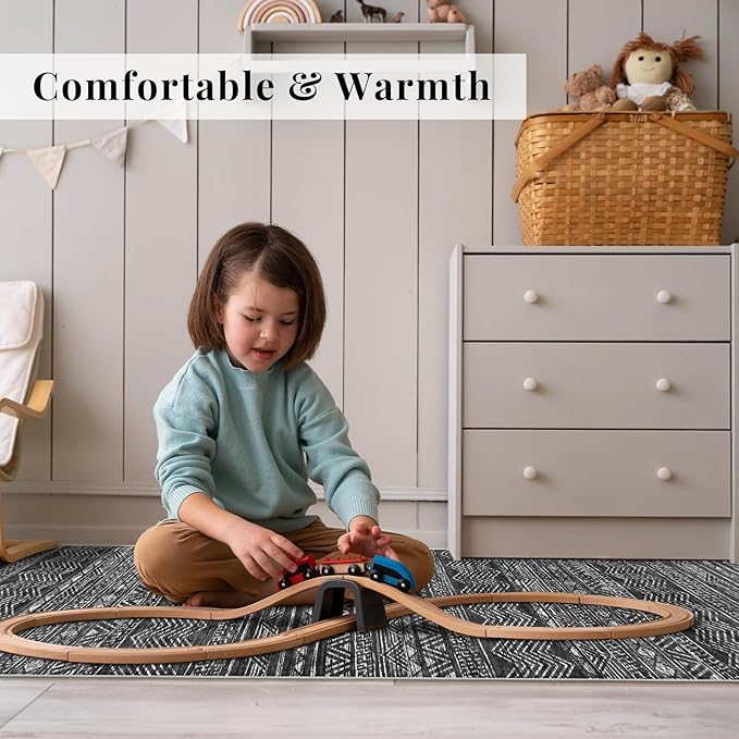 2x6 Washable Hallway Runner Rug - Moroccan Non-Slip Indoor Table Long Runners for Entryway Soft Low Pile Neutral Rugs for Kitchen Waterproof Geometric Carpet for Bedroom Bathroom Laundry 2x6 Black