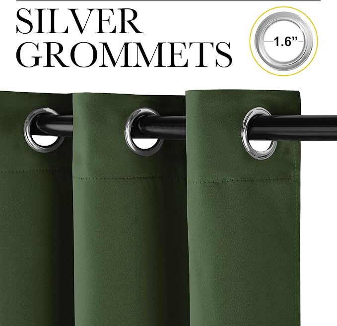 NICETOWN Dark Green Blackout Cafe Satin Curtains for Small Windows, 42" Wide by 63" Long, 2 Panels, Grommet Noise Reducing Faux Silk Blackout Drapes for Dining Room