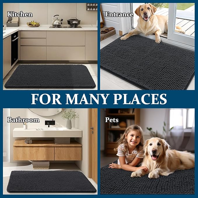 OLANLY Dog Door Mat for Muddy Paws 70x24, Absorbs Moisture and Dirt, Absorbent Non-Slip Washable Doormat, Quick Dry Chenille Mud Mat for Dogs, Entry Indoor Entryway Carpet for Inside Floor, Dark Grey