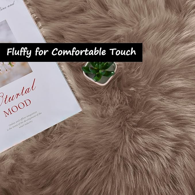 Goolela Circle Area Rug 6ft - Light Brown Beige - Round Fluffy Fuzzy Faux Fur Sheepskin Rug for Bedroom Living Room Furry Shaggy Washable