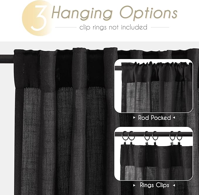 Black Linen Curtains 84 inches Long for Bedroom Back Tab Light Filtering Privacy Semi Sheer Black Curtains Living Room Boho Rustic Farmhouse Cotton Textured Gauze Curtain 2 Panel Set