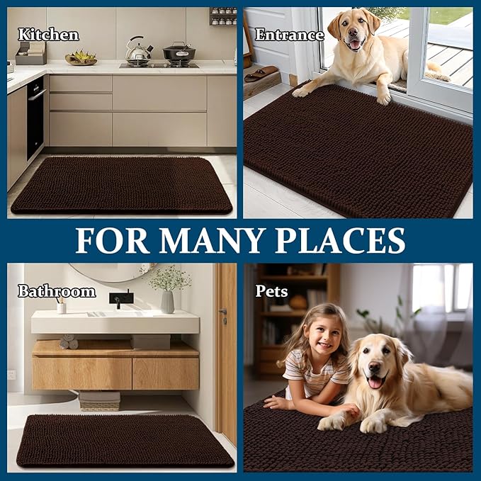 OLANLY Dog Door Mat for Muddy Paws 47x17, Absorbs Moisture and Dirt, Absorbent Non-Slip Washable Doormat, Quick Dry Chenille Mud Mat for Dogs, Entry Indoor Entryway Carpet for Inside Floor, Brown