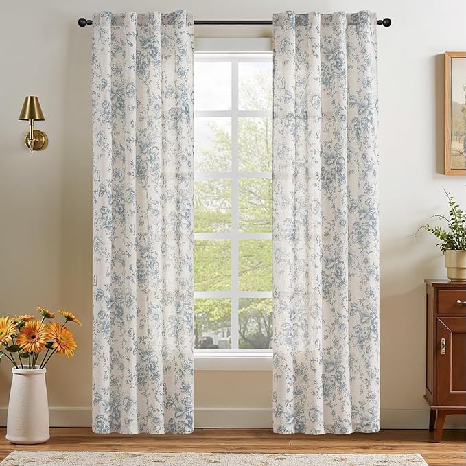 jinchan Linen Floral Curtains 84 Inch Length for Living Room Bedroom Light Filtering Farmhouse Peony Flower Drapes Rustic Window Curtain Set Rod Pocket Back Tab 2 Panels Blue