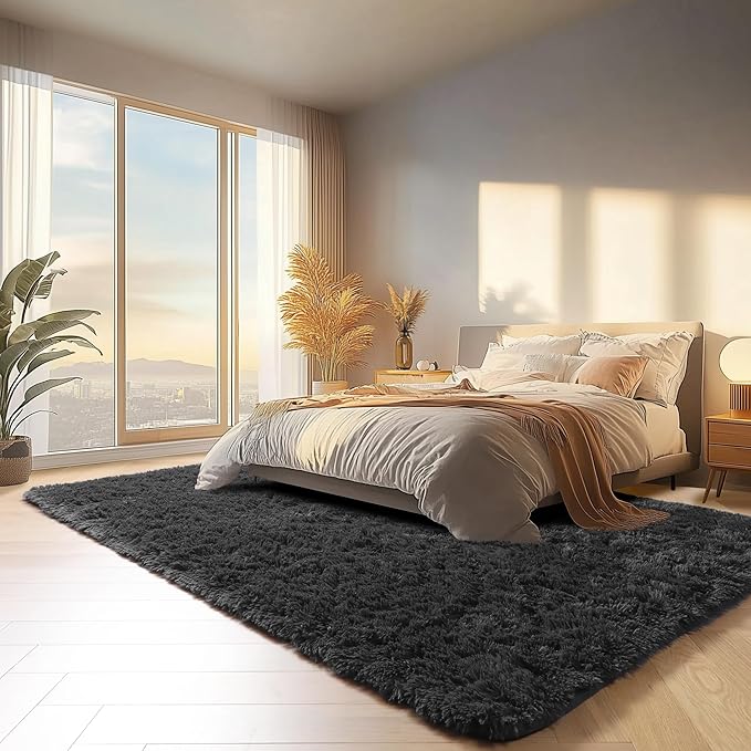 ONASAR Black Area Rugs 9x12 Living Room, Large Fluffy Shag Bedroom Rug, Soft Plush Thick Shaggy Big Floor Carpet for Kids Boy and Girls Teen Dorm Nursery Indoor Home Decor Aesthetic