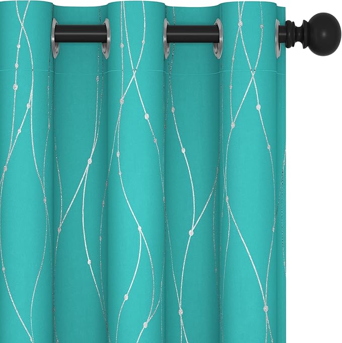 Deconovo Blackout Curtains for Bedroom, Thermal Insulated Soundproof Drapes with Wave Dot Foil Print, 42 x 95 Inch Long, Set of 2, Machine Washable Window Curtain for Living Room Office, Turquoise