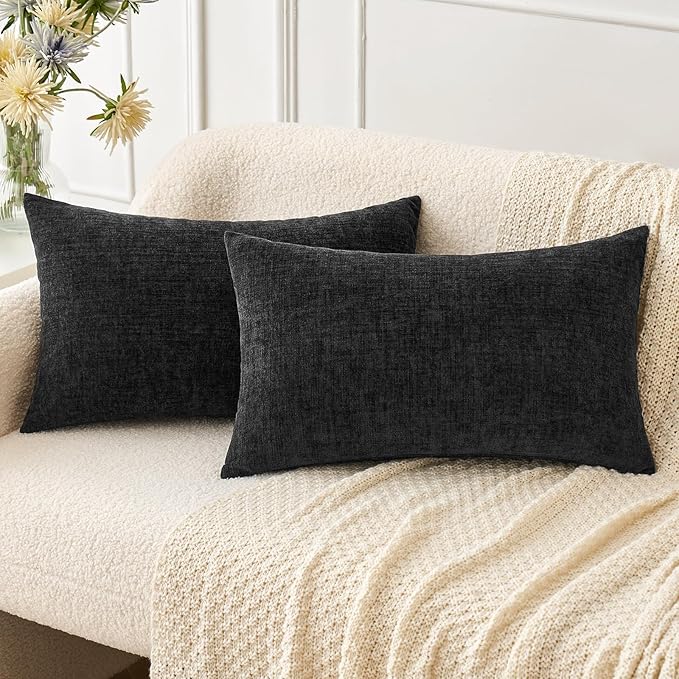 MIULEE Halloween Pack of 2 Couch Throw Pillow Covers 12x20 Inch Soft Black Chenille Lumbar Pillow Covers for Sofa Living Room Solid Dyed Cases