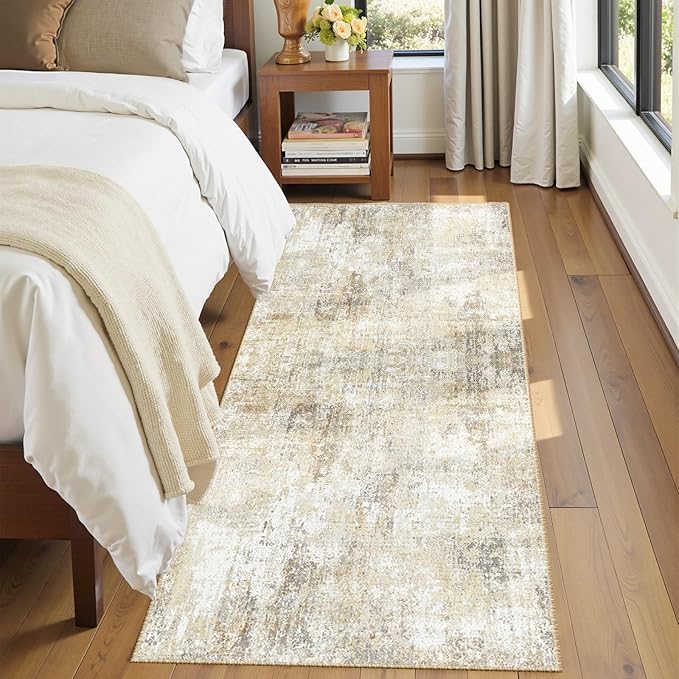 Washable Area Rugs 2'x6' Non-Slip Modern Abstract Soft for Living Room Entryway Bedroom Nursery, Print Pattern, Neutral Brown Gray