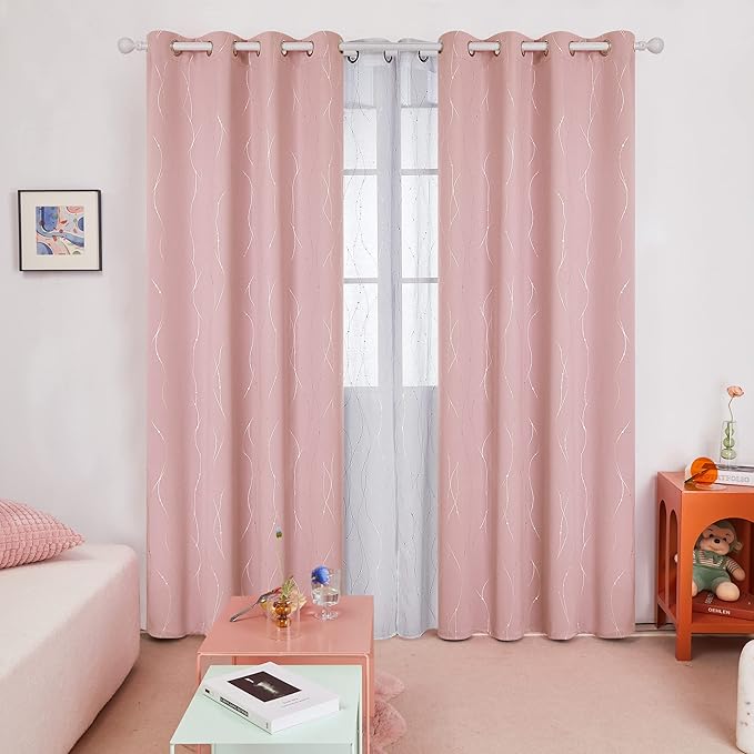 Deconovo Pink Blackout Curtains for Bedroom, Thermal Insulated Soundproof Pravicy Curtain, Silver Wave Dots Print, 52 x 84 Inch Long, Machine Washable Window Panels for Kids Room Nursery, Set of 2