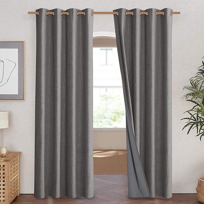 NICETOWN Grizzle Gray Vintage Linen 100% Blackout Curtains for Living Room, Thermal Insulated Curtains 84“ Long, Noise Reducing Window Treatment Drapes for Hall Room, 52" Wide Per Panel, Set of 2