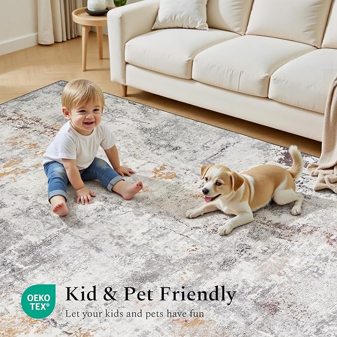 Rugflix 5x7 Area Rugs for Living Room, Washable Large Rug Stain-Resistant Low Pile, Modern Neutral Carpet for Dining Room Home Office Kid Room Nursery Bedroom, Grey Brown