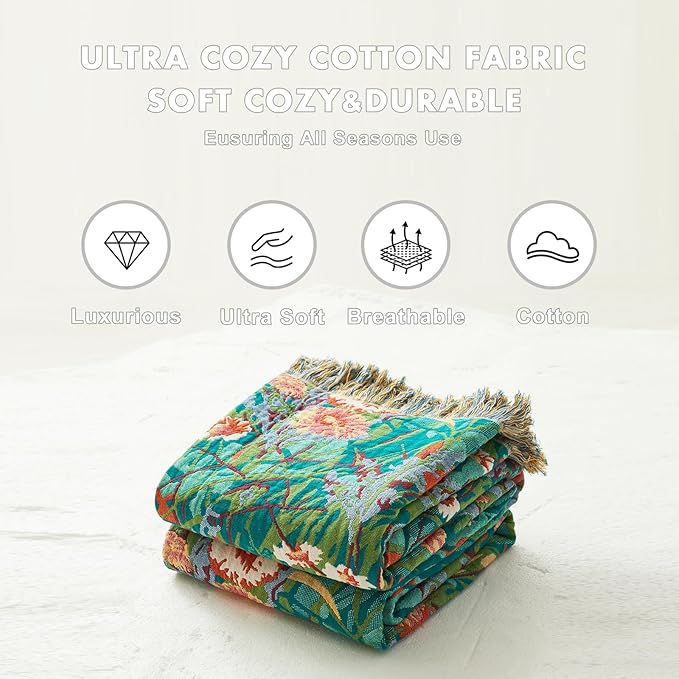 MSGKV Boho Throw Blanket 60"x80" Floral Blankets for Bed 100% Cotton Twin Size Couch Blanket Lightweight Farmhouse Muslin Spring Breathable Home Decor All Seasons