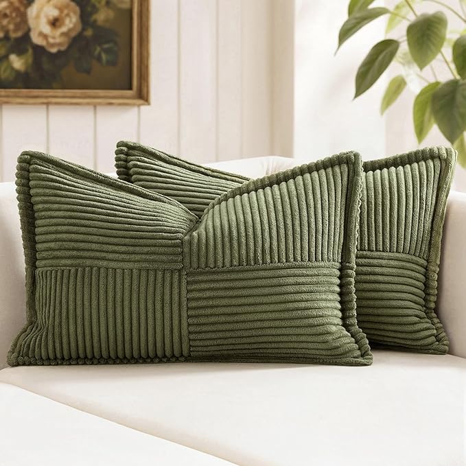 MIULEE Olive Green Corduroy Lumbar Pillow Covers 12x20 Inch 12x20 Inch with Splicing Set of 2 Soft Boho Pillow Covers Broadside Decorative Textured Summer Pillowcases for Couch Bed Livingroom
