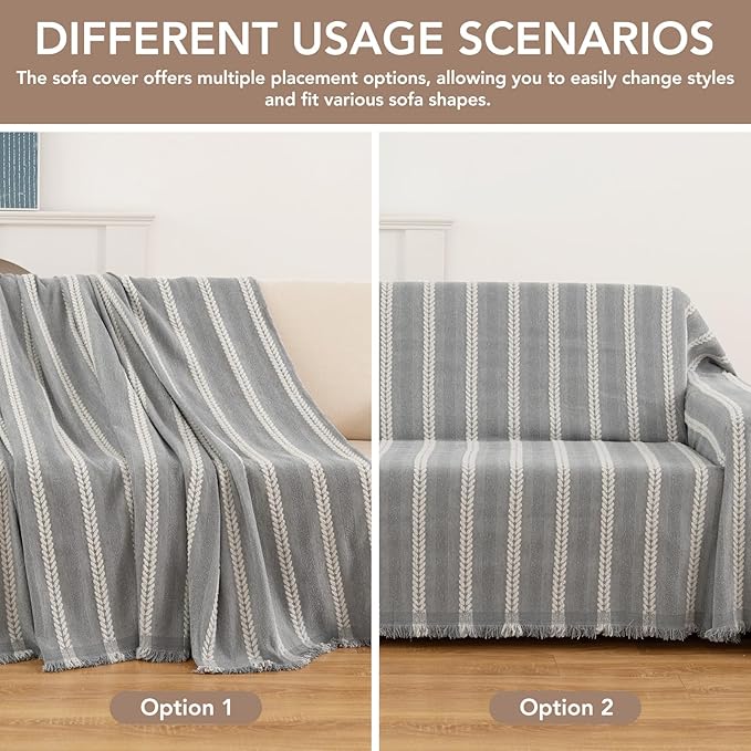Couch Cover for Dogs, Boho Sofa Covers for 3 Cushion Couch, Chenille Sofa Slipcover for Pets Washable, L-Shape Sectional Loveseat Cover Soft Throw Blankets with Tassels(71x118,Striped Grey)