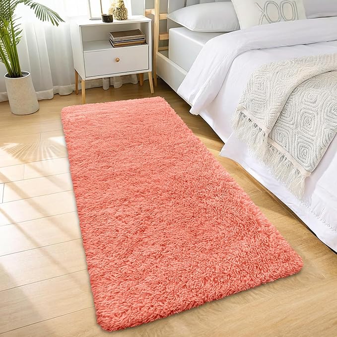 OLANLY 2x5 Machine Washable Runner Rugs for Hallway, Soft Fluffy Shaggy Bedside Rugs for Bedroom, Living Room, Indoor Floor Carpet for Kids Girls and Boys, Home Decor Aesthetic, Coral Red
