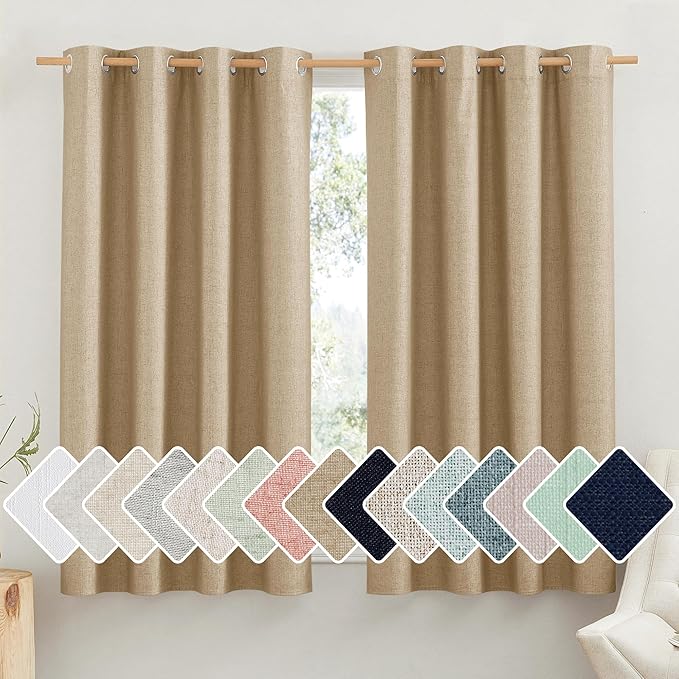 NICETOWN 100% Absolutely Blackout Linen Curtains with Thermal Insulated White Liner, Camel, 52" Wide by 63" Long, 2 Pieces, Linen Blend Window Drapes Privacy Window Treatments for Bedroom/Kids Room