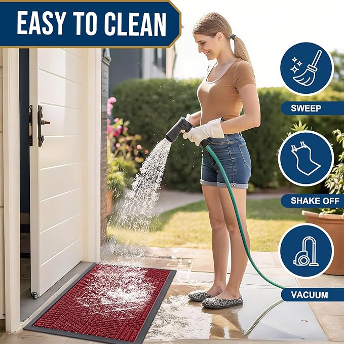 Smiry Front Door Mat Outside Entrance, Heavy Duty Sturdy Natural Rubber Doormat, Trap Dirt and Moisture, Easy Clean Low Profile Welcome Floor Mats for Indoor Outdoor Entry, 71x23 Inch, Wine Red