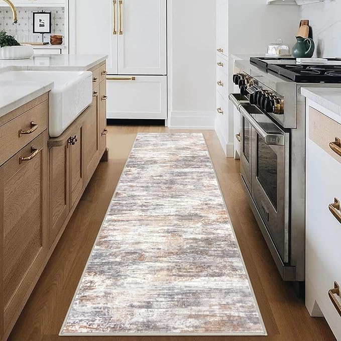 KOZYFLY Modern Abstract Hallway Runner Rug, 2.6x8 Washable Rug Runner Non-Slip Soft Striped Kitchen Runner Rugs, Print Multi Grey/Orange Carpet Runner for Entryway Bathroom