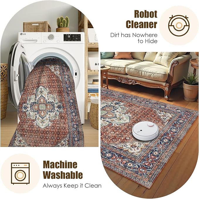 Washable Area Rug 5' x 7' Vintage Traditional Persian Mat - Foldable Distressed Non-Slip Machine Washable Carpet for Living Room Bedroom Kitchen Home Decor - Terracotta and Navy