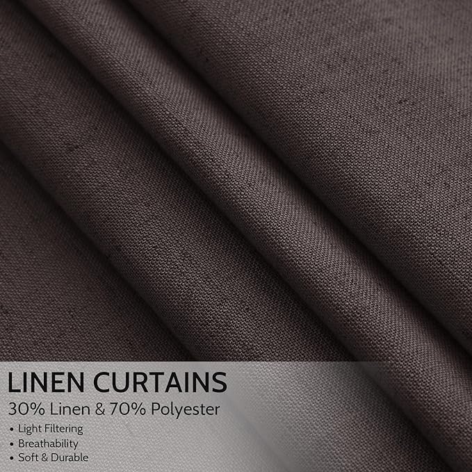 Cocoa Coffee Linen Curtains 72 Inch Long for Living Room Bedroom Lightweight Door Drapes 2 Panels Set, Semi Sheer Light Filtering Back Tab or Rod Pocket Curtain,52x72