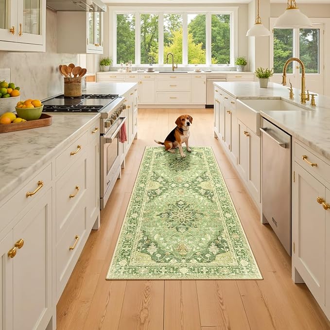 Area Rugs 2'x6' Runner Rug Non Slip Washable for Kitchen Hallway Bedroom Beside Laundry Room Bathroom Rug, Floor Carpet, Sage Green Yellow