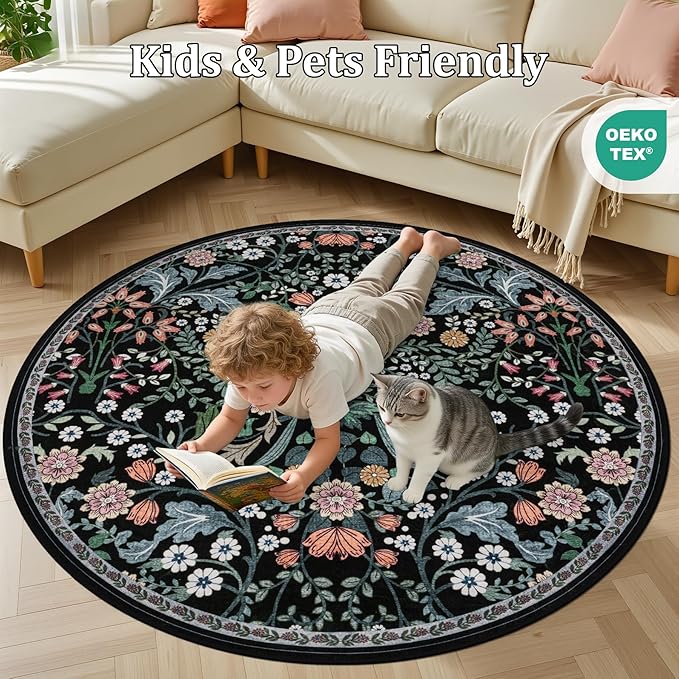 Round Area Rug for Living Room: 6 ft Floral Washable Circle Rug Soft Boho Non-Slip Carpet Indoor Stain Resistant Low Pile Small Circular Rug for Bedroom Entryway Kitchen Nursery Home Office Dark Black