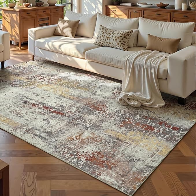 Ompaa Living Room Rug 5x8 Beige Area Rug Machine Washable Boho Rug Non Slip Abstract Vintage Indoor Large Rugs for Bedroom, Classroom, College Dorm, Farmhouse, Dining Room, Kids Playroom