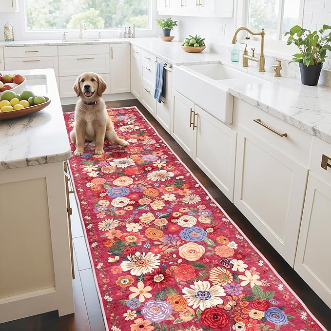Floral Hallway Runner Carpet Non-Slip, 2x10 Washable Rug Ultra-Thin Soft for Hallways, Kitchen Mat Stain Resistant for Entryway Bathroom (2 x 10, Red Garden)
