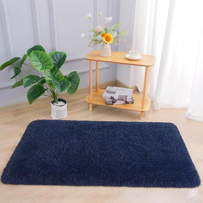 Chicrug Soft Runner Rug for Bedroom Living Room Plush Fluffy Rug 2x4 Feet, Shag Furry Runner Carpet Non Shedding for Nursery Children Kids Girls Room Home Decorative, Navy Blue