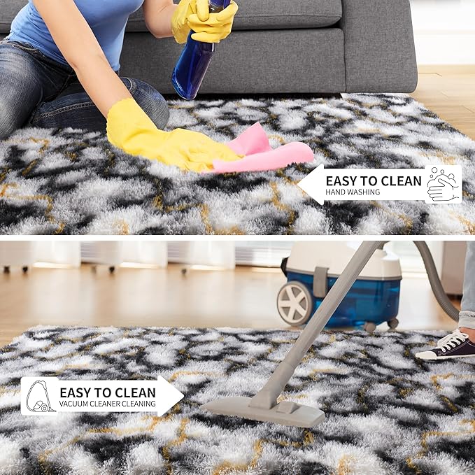 Tepook Soft Fluffy Rugs for Living Room, 5x8 Shaggy Area Rug for Bedroom, Modern Shag Rug Fuzzy Carpets for Kids, Plush Indoor Nursery Home Decor Rug with Non-Slip Bottom, White Black Gold