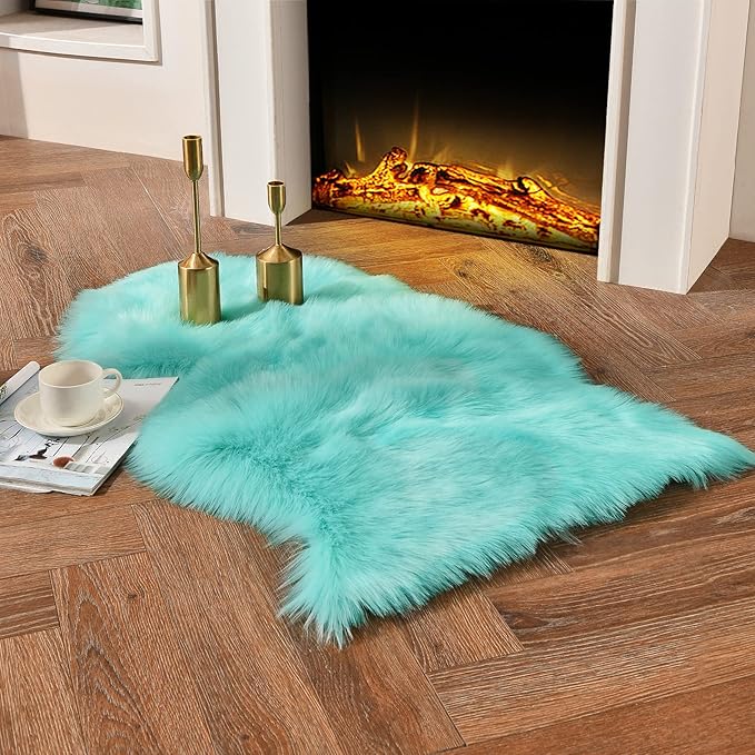 duduta Turquoise Blue Sheepskin Throw Rug 2x3 ft, Fluffy Shag Faux Fur Chair Covers Small Bedside Dorm Rug Non Slip Washable