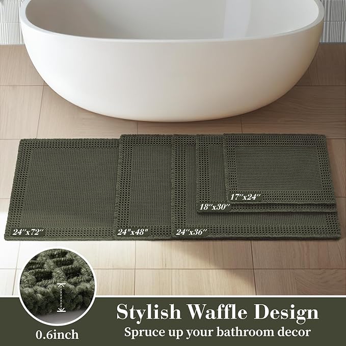 RESARE Waffle Bathroom Runner Rugs, Super Absorbent Bath Mat Non Slip Washable Quick Dry, Upgraded Ultra Soft Boho Bath Rugs with Tassels for Hallway Bedroom Laundry Room, 20"x32" Green