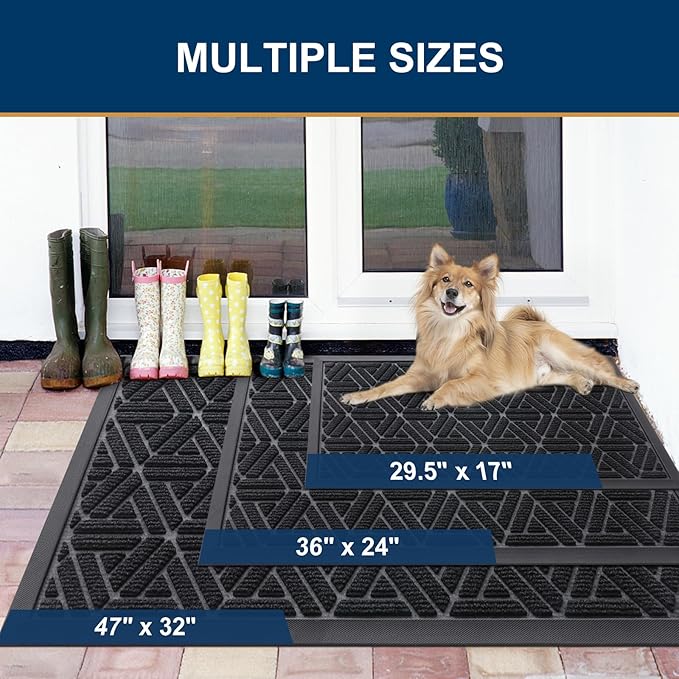 Smiry Front Door Mat Outside Entrance, Heavy Duty Sturdy Natural Rubber Doormat, Trap Dirt and Moisture, Easy Clean Low Profile Mats for Indoor Outdoor Entry, Grid Geometric (47x23, Black)