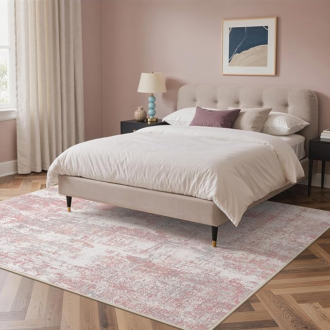 Area Rugs 9x12 for Living Room Bedroom, Modern Abstract Machine Washable Rug, Large Soft Low Pile Floor Carpet with Non Slip Backing for Dining Room, Pink/Grey