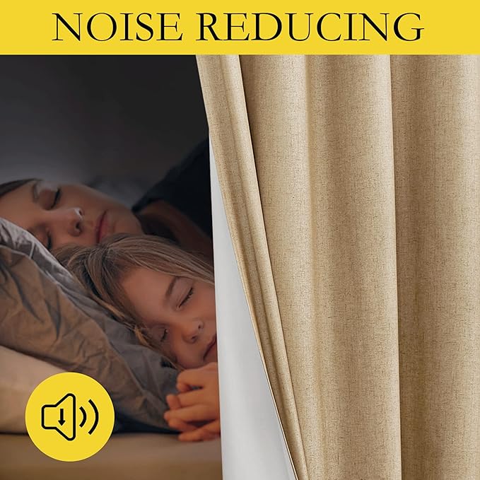 NICETOWN 100% Absolutely Blackout Linen Curtains with Thermal Insulated White Liner, Camel, W52 x L120, 2 Panels, Textured Linen Look Noise Reducing Window Treatments Drapes for Bedroom/Living Room