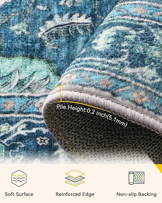 RELEANY Area Rugs 6'x8' Washable Non-Slip, Floral Vintage Distress Print Pattern Medallion Carpet for Living Room Bedroom Dining Room, Teal Green Lake Blue Turquoise
