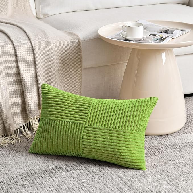 Fancy Homi Set of 2 Lime Green Lumbar Decorative Throw Pillow Covers 12x20 Inch for Living Room Bedroom Couch Bed Sofa, Soft Striped Corduroy Modern Rectangle Accent Cushion Case 30x50 cm
