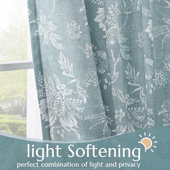 jinchan Linen Floral Curtains for Living Room, 96 Inch Length Curtains with Printed Flower Light Filtering Curtain, Rod Pocket Back Tab Blue Window Treatment Set Bedroom Curtain, 2 Panels Blue