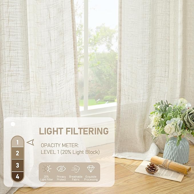 LAMIT 102 inch Long Linen Curtains 2 Panels for Living Room, Natural Cream Ivory Light Filtering Semi Sheer Linen Curtains Back Tab and Rod Pocket Neutral Drapes for Bedroom/Farmhouse, 52 x 102 Inch