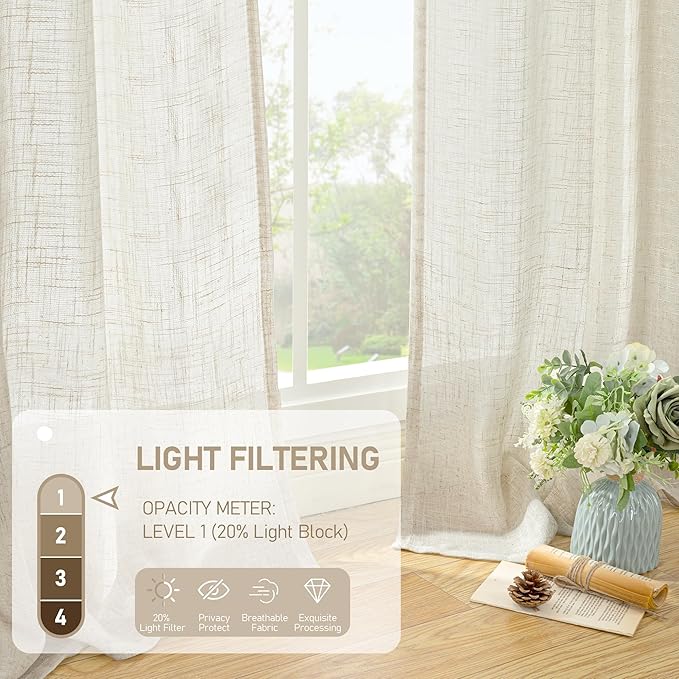 LAMIT Linen Semi Sheer Curtains 96 inch Length 2 Panels Set, Cream Ivory Light Filtering Panels Back Tab and Rod Pocket Floor to Ceiling Curtains for Bedroom/Living Room, Natural, 52 x 96 Inch