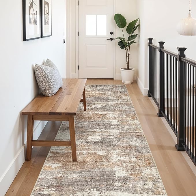 3x10 Washable Kitchen Runner Rug: Modern Abstract Runners for Hallway Soft Non Slip Rugs with Rubber Backing Low Pile Thin Floor Carpet for Entryway Bedroom Bathroom Bedside Indoor(Brown/Brick,3x10)