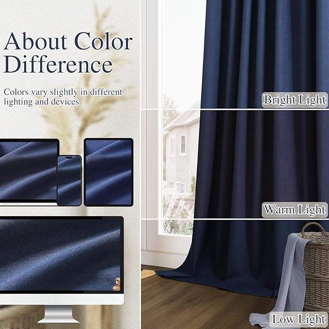 Guken Navy Blue 100% Blackout Linen Curtains 63 Inch Length 2 Panels Set for Living Room Bedroom Back Tab Thermal Insulated Black Out Drapes Room Darkening Farmhouse Window Curtains 63 Inches Long