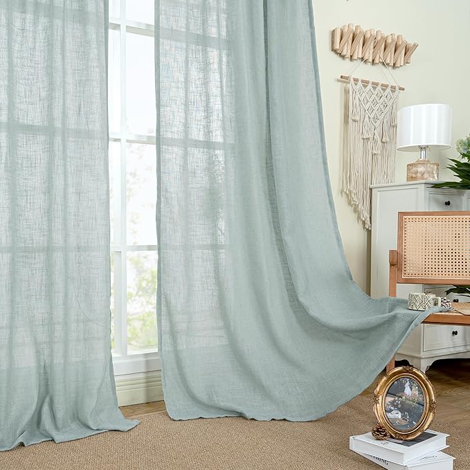 LAMIT Extra Wide Linen Curtains for Living Room, Light Filtering Faux Linen Textured Panels Semi Sheer Back Tab and Rod Pocket Boho Drapes for Farmhouse, 2 Panels, Greyish Blue, 60 x 63 Inch