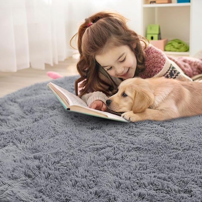OLANLY Light Grey Round Rugs for Bedroom - Machine Washable, 2 ft Circle Area Rugs for Living Room, Soft and Fluffy Shaggy Carpet for Teen Girls and Boys, Nursery Rooms, Dorms, Home Decor Aesthetic