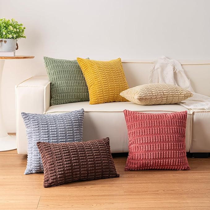Pack of 2 Corduroy Decorative Throw Pillow Covers 18x18 InchSoft Boho Striped Pillow Covers Modern Farmhouse Home Decor for Sofa Living Room Couch Bed（Coffee）