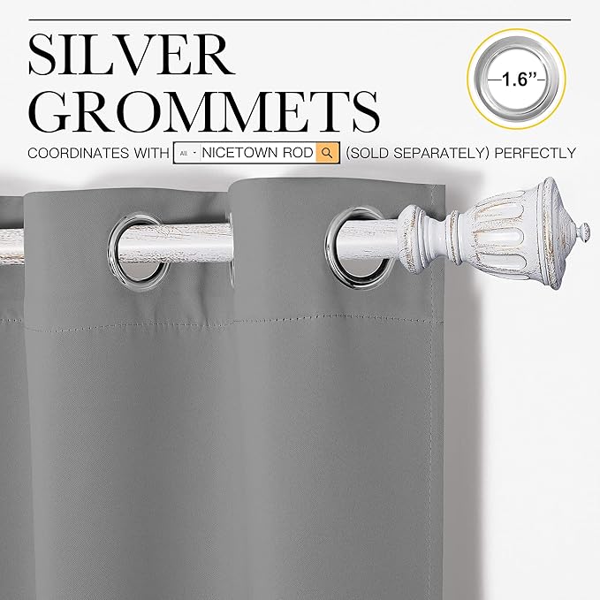 NICETOWN Bedroom Curtains Blackout Drapery Panels, Three Pass Microfiber Thermal Insulated Solid Ring Top Blackout Window Curtains/Drapes (Two Panels, 34 x 54 inches, Silver Grey)