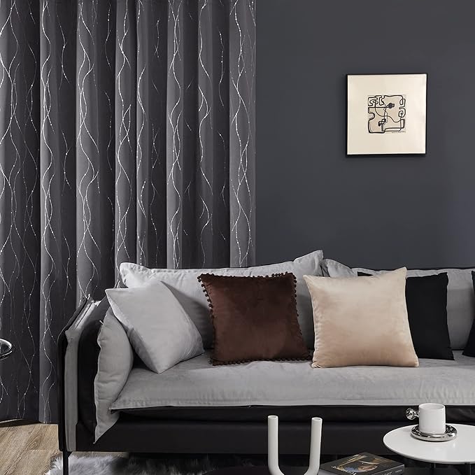 Deconovo Grey Curtains for Living Room, Blackout Drapes, Protect Pravicy Thermal Insulated Soundproof Window Drape, Wave Dots Foil Print, 42 x 95 Inch, Set of 2 Panels for Bedroom Sliding Glass Door