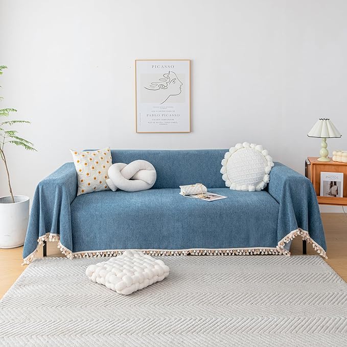 HANDONTIME Couch Slipcover Dog Sofa Covers Boho Couch Cover for Dogs Blue Sofa Throw Cover Bohemian Sofa Covers for 3 Cushion Couch Herringbone Sectional Couch Cover Slipcovers for Sofas, 91" X134"
