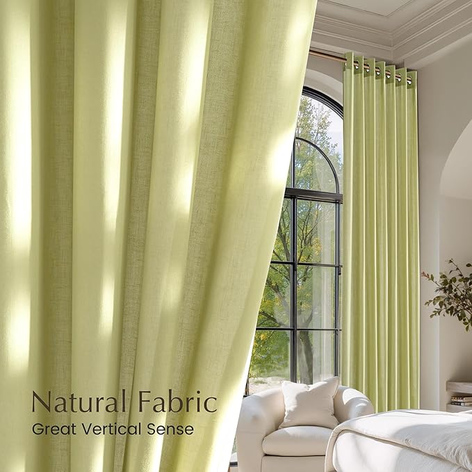 NICETOWN Fresh Green Linen Curtains for Kitchen, Thick Flax Small Window Treatments Semi Sheer Privacy Assured with Light Through for Cafe/Bathroom, W55 x L84, 2 Panels