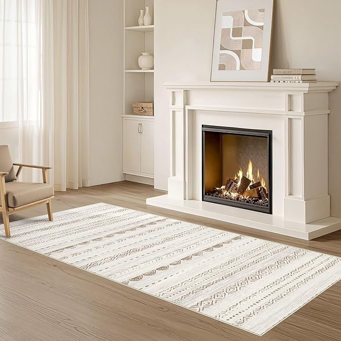 Nakagishi Runner Rug Kitchen Washable Rugs: 3x8 Non-Slip Boho Soft Modern Stain Resistant Indoor Floor Neutral Farmhouse Throw Carpet for Hallway Bathroom Laundry Room Entryway Bedroom- Brown